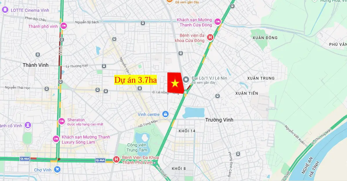 Vị trí dự án chung cư Sun Group Vinh - Sun Trường Vinh trên googlemap. Nơi được mệnh danh là ngã 5 kim cương của thành phố Vinh
